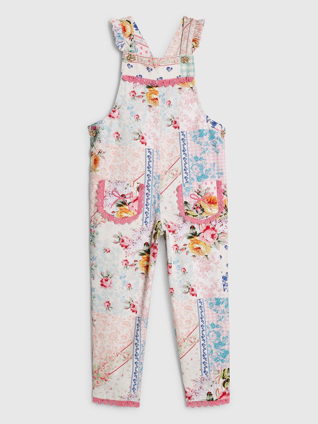 Image 2 of 6 of River Island Mini Girls Patchwork Cotton Dungarees - Pink