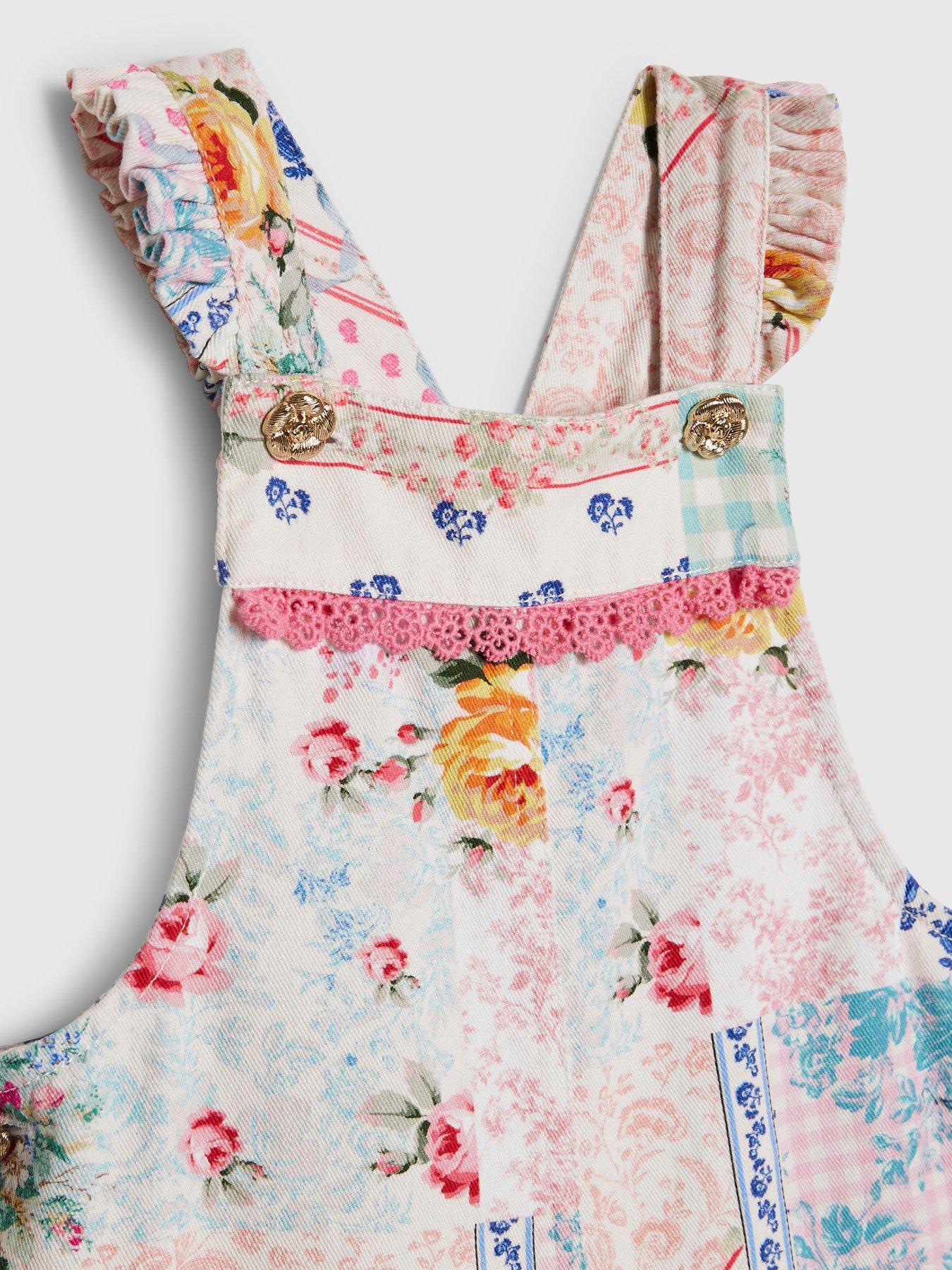 Image 4 of 6 of River Island Mini Girls Patchwork Cotton Dungarees - Pink