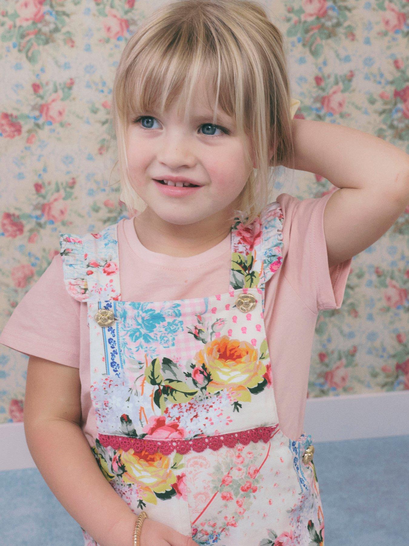 Image 6 of 6 of River Island Mini Girls Patchwork Cotton Dungarees - Pink