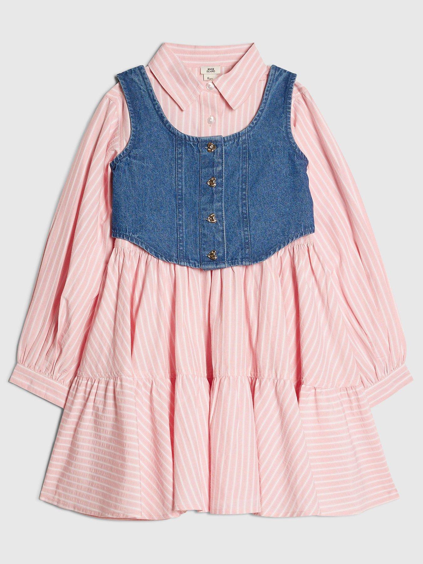 River Island: Older Girls Stripe Hybrid Shirt Dress- Pink