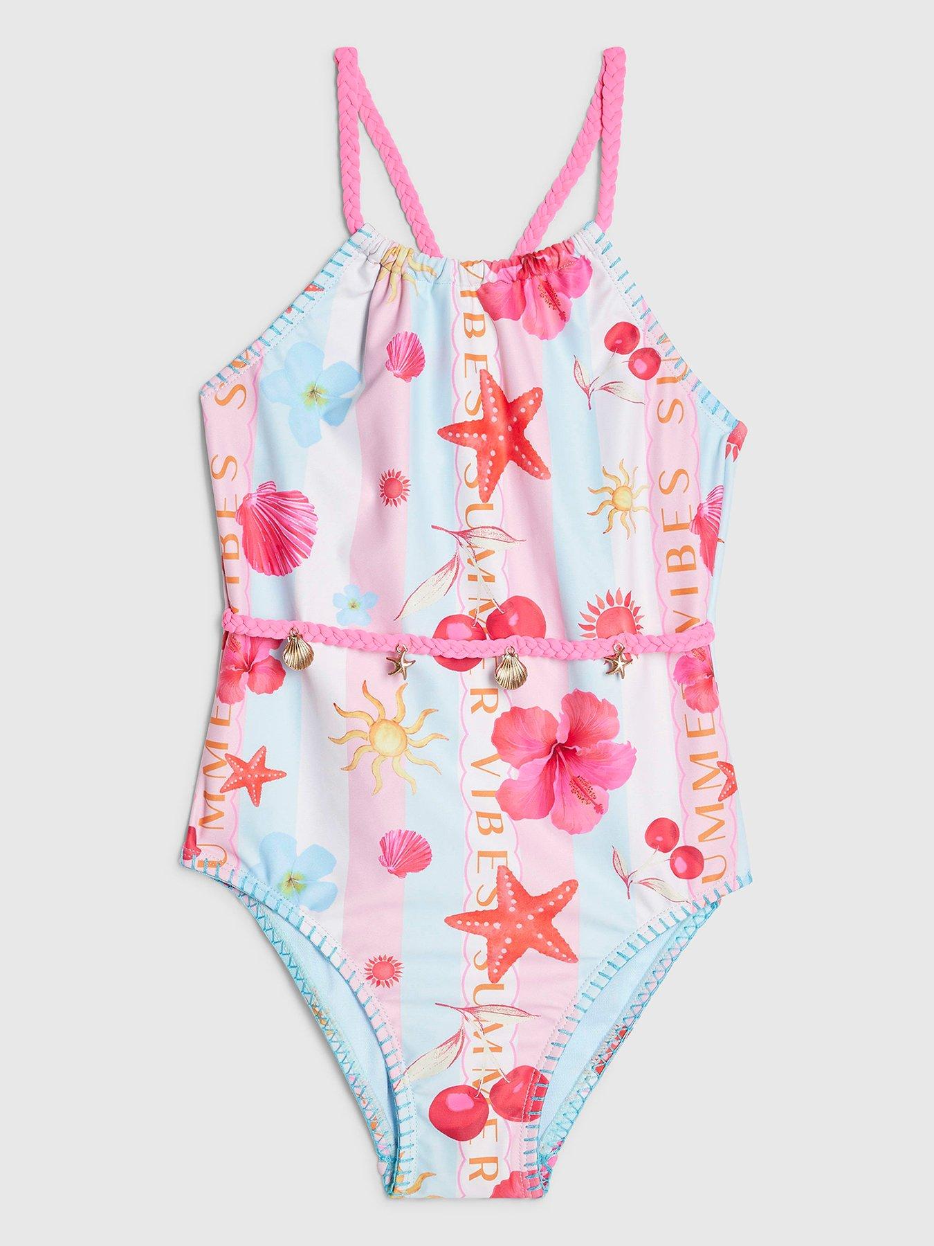 River Island Older Girls Stripe La Mer Beach Print Swimsuit - Blue