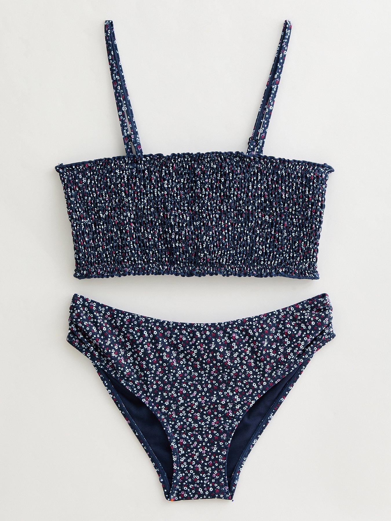 New Look 915 Girls Ditsy Floral Shirred Bandeau Bikini Set - Navy