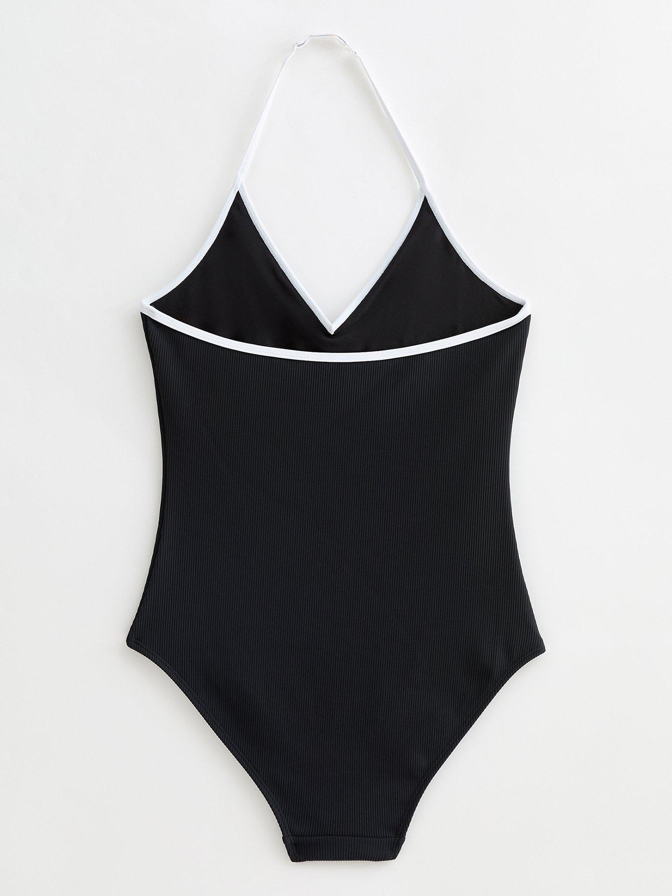 Image 2 of 2 of New Look 915 Girls Contrast Trim Halter Neck Swimsuit - Black