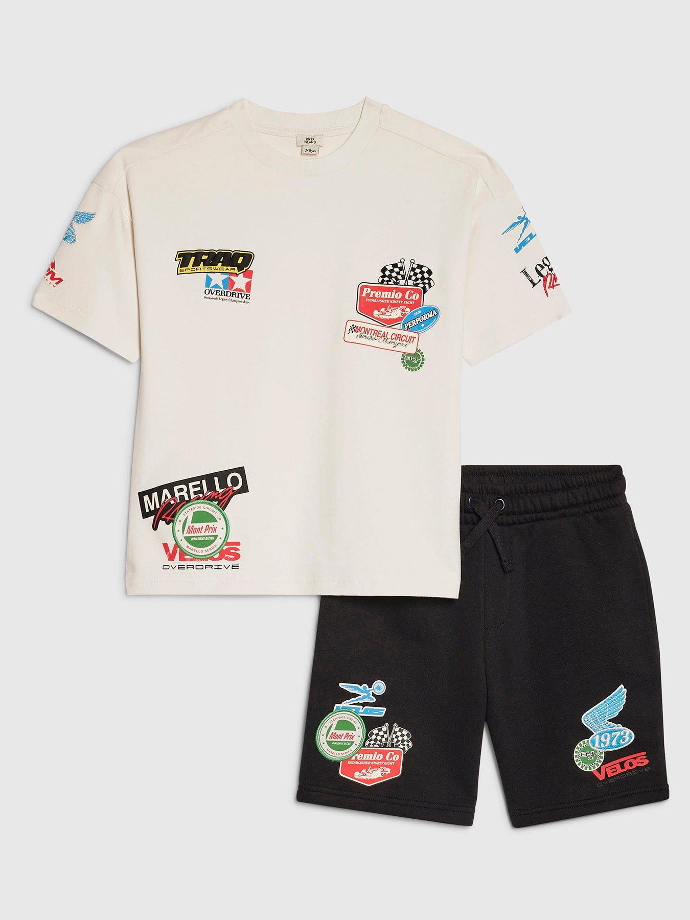 Image 1 of 5 of River Island Older Boys Badge Motorsport T-Shirt &amp; Shorts Set - White