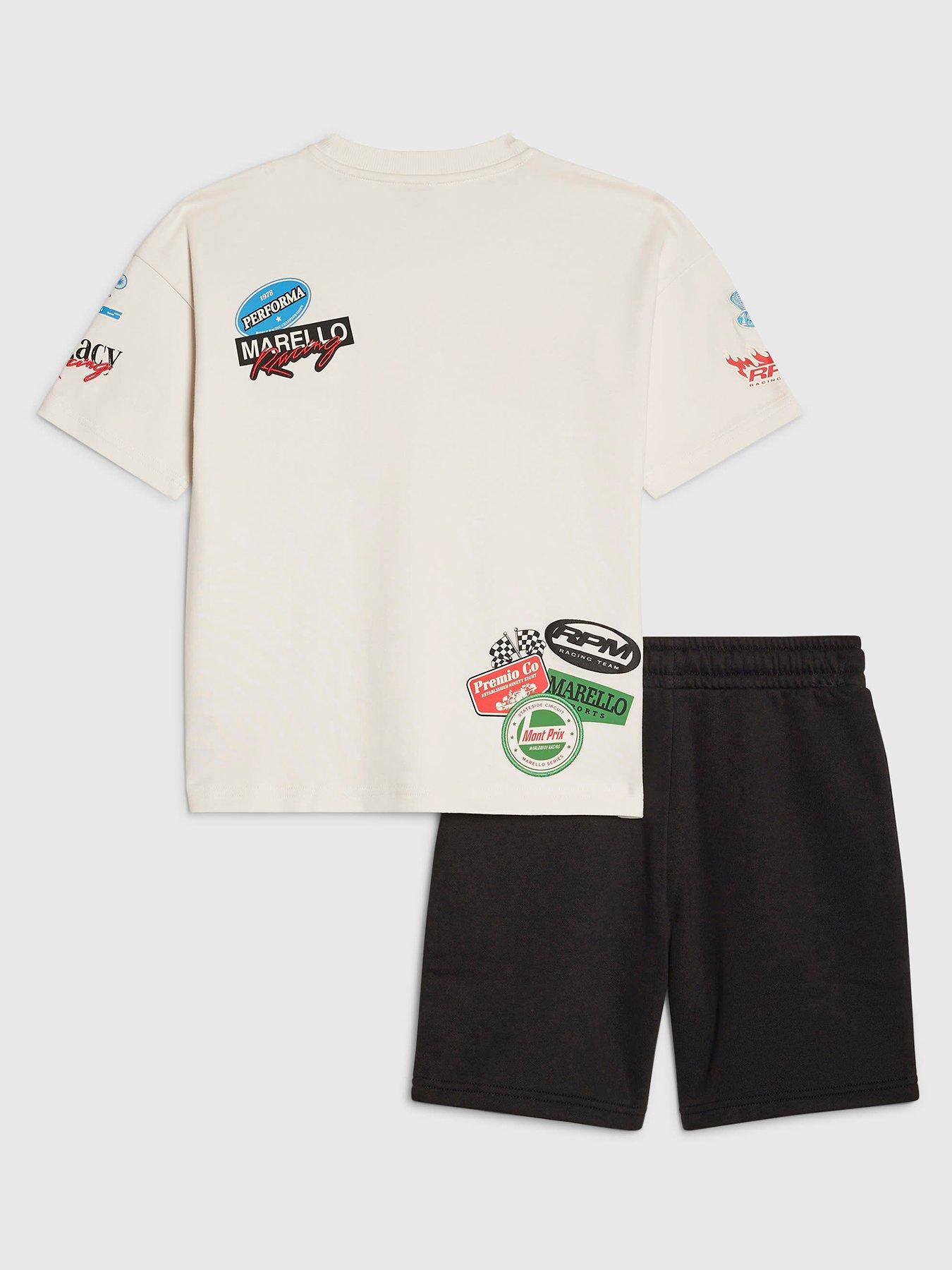 Image 2 of 5 of River Island Older Boys Badge Motorsport T-Shirt &amp; Shorts Set - White
