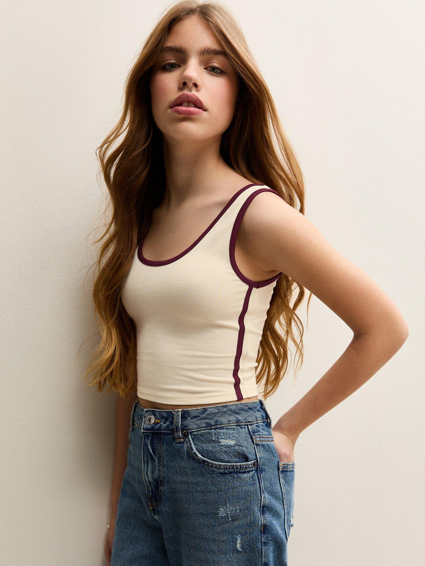 New Look 915 Girls Side Stripe Cropped Tank Top - Cream