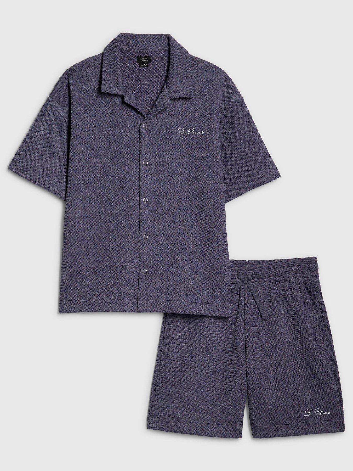 River Island Older Boys Embroidered Textured Shirt Set, Blue, Size 9-10 Years