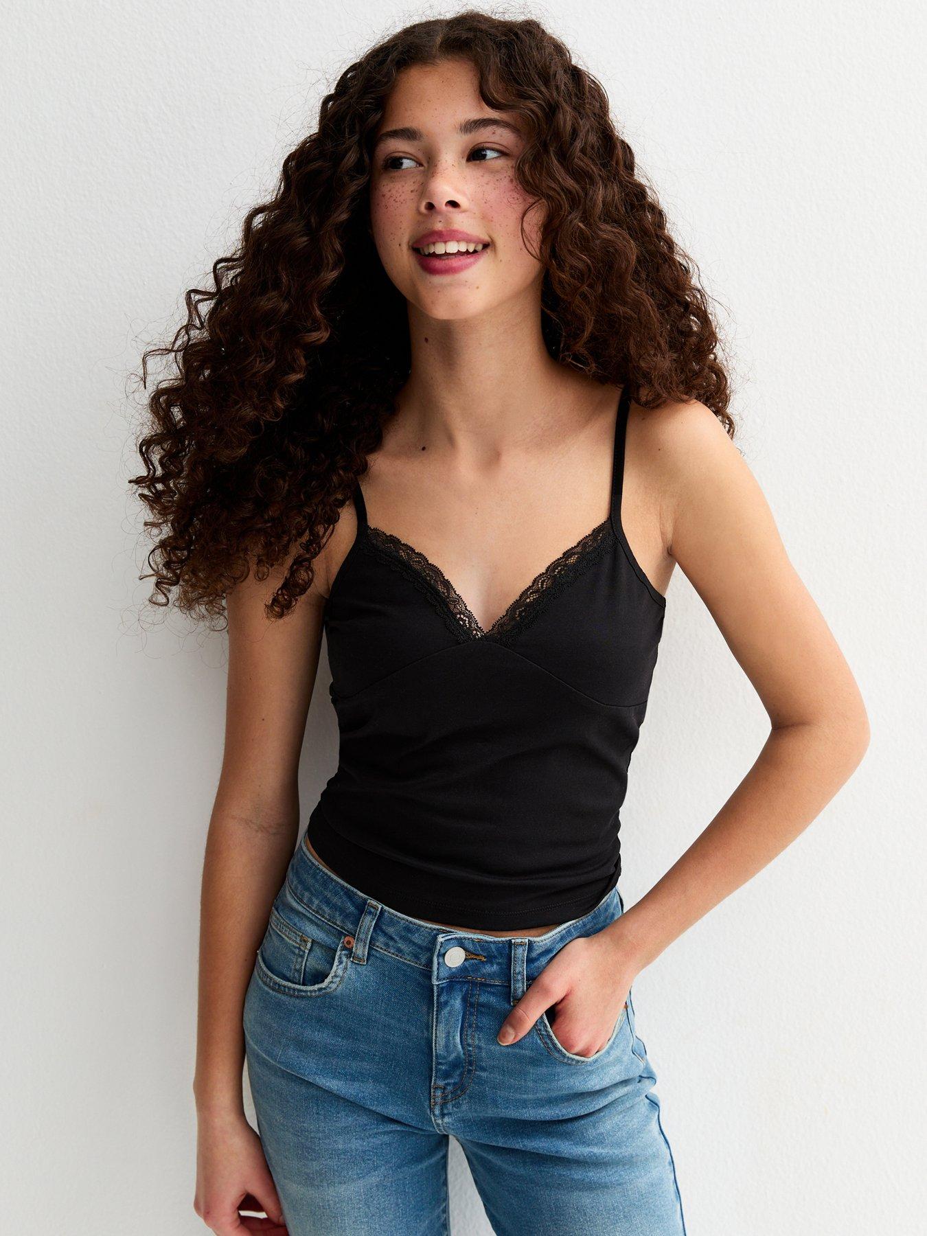 New Look 915 Girls Black Lace Trim V-neck Fitted Cami Top