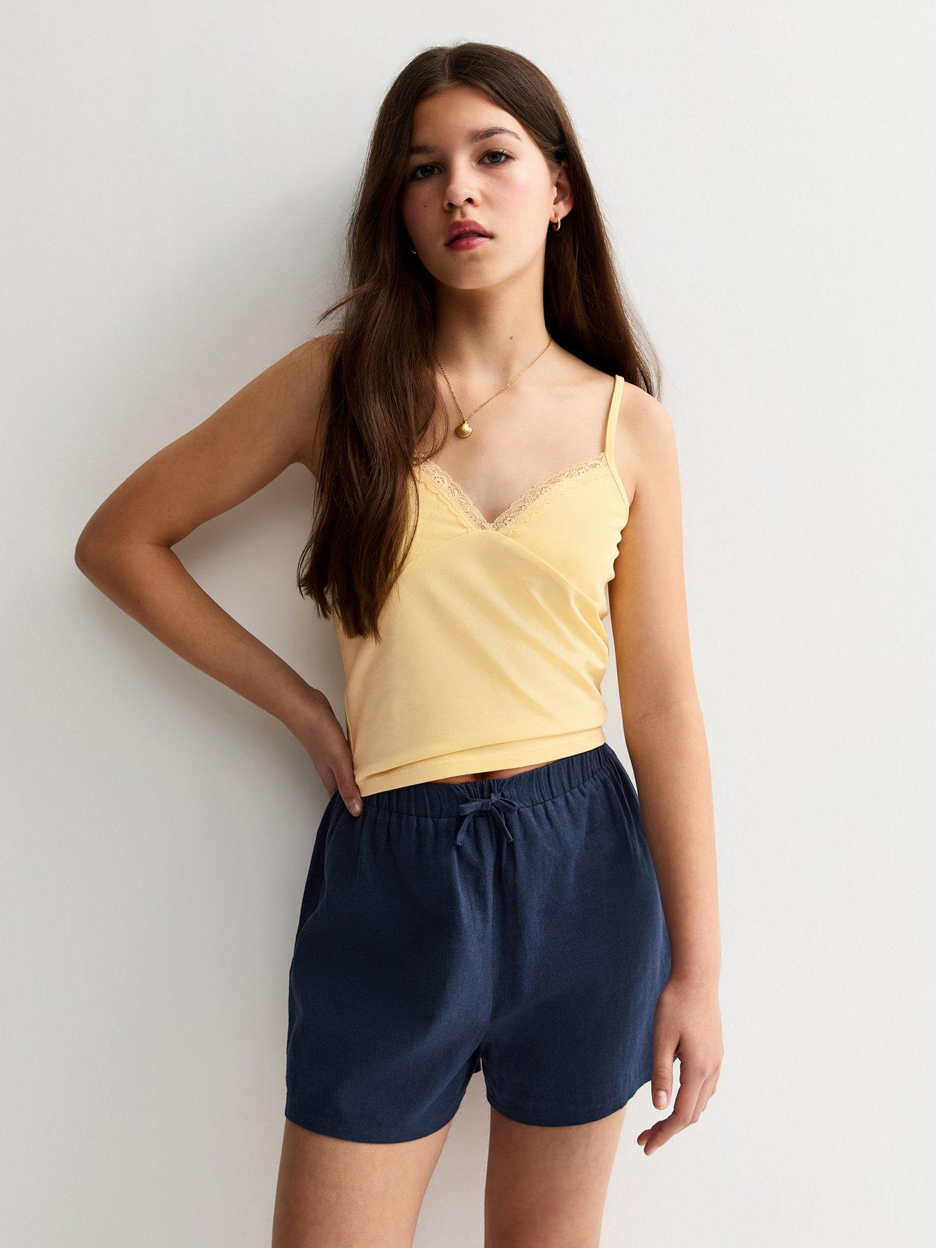 New Look 915 Girls Light Yellow Lace Trim V-neck Fitted Cami Top