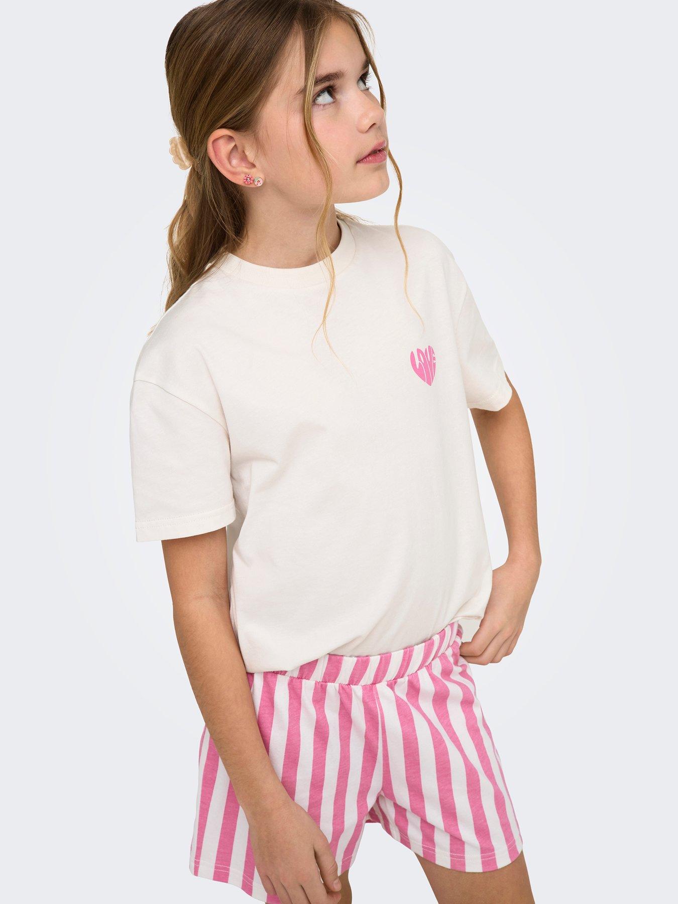 Only Kids Girls Love Stripe Shorty Pyjama Set - Light Pink
