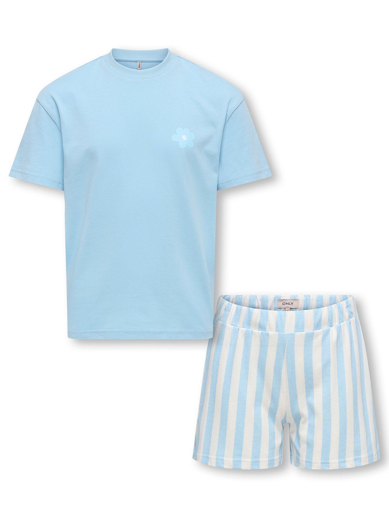 Image 1 of 3 of Only Kids Girls Flower Stripe Shorty Pyjama Set - Light Blue