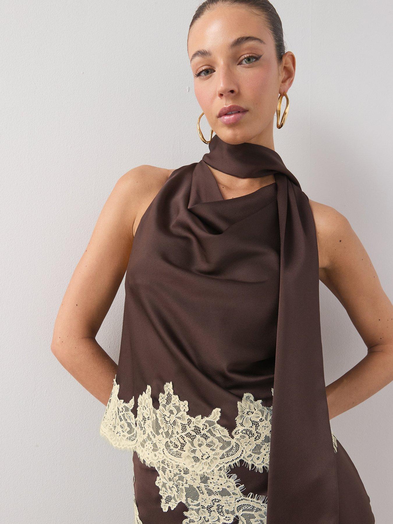 The Very Collection Draped Satin Halter Lace Trim Blouse - Brown