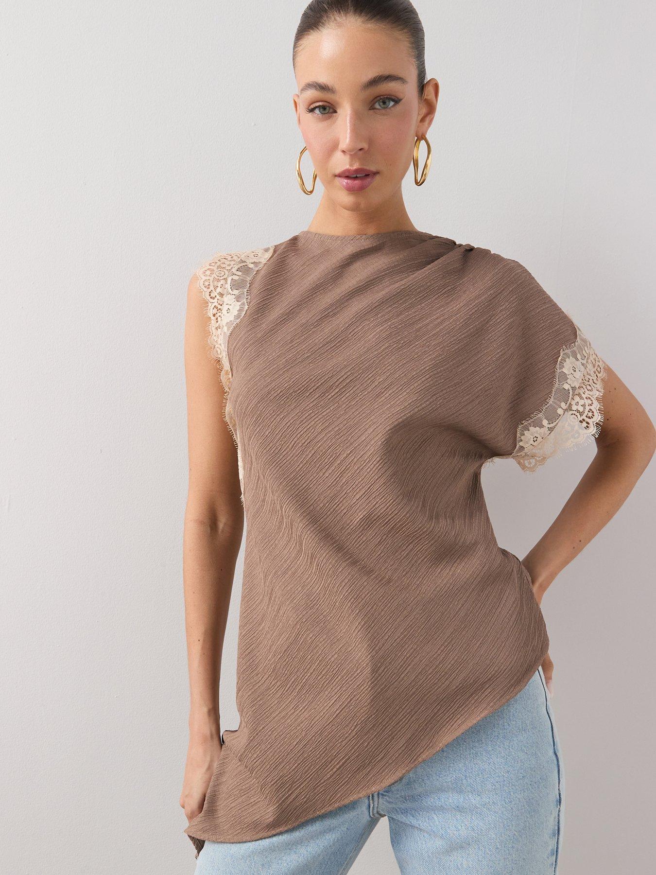 The Very Collection Asymmetric Lace Trim Textured Blouse - Brown