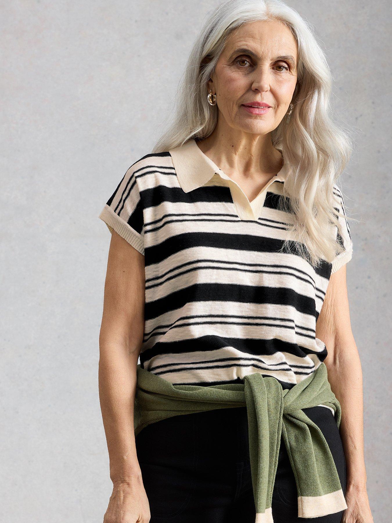 White Stuff Ginni Stripe Linen Polo T-Shirt - Ivory