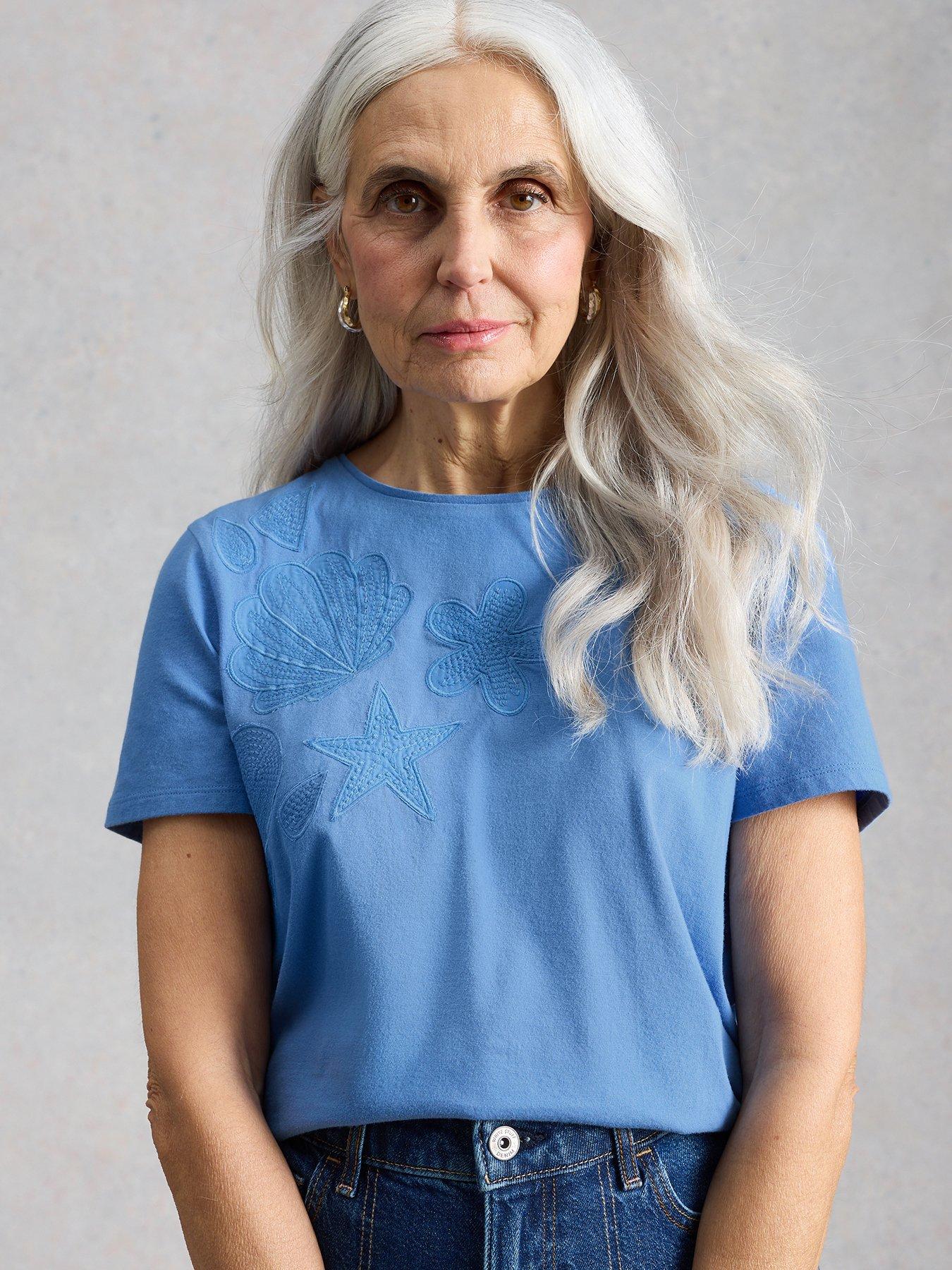 White Stuff Abbie Embroidered Tee, Blue, Size 16, Women