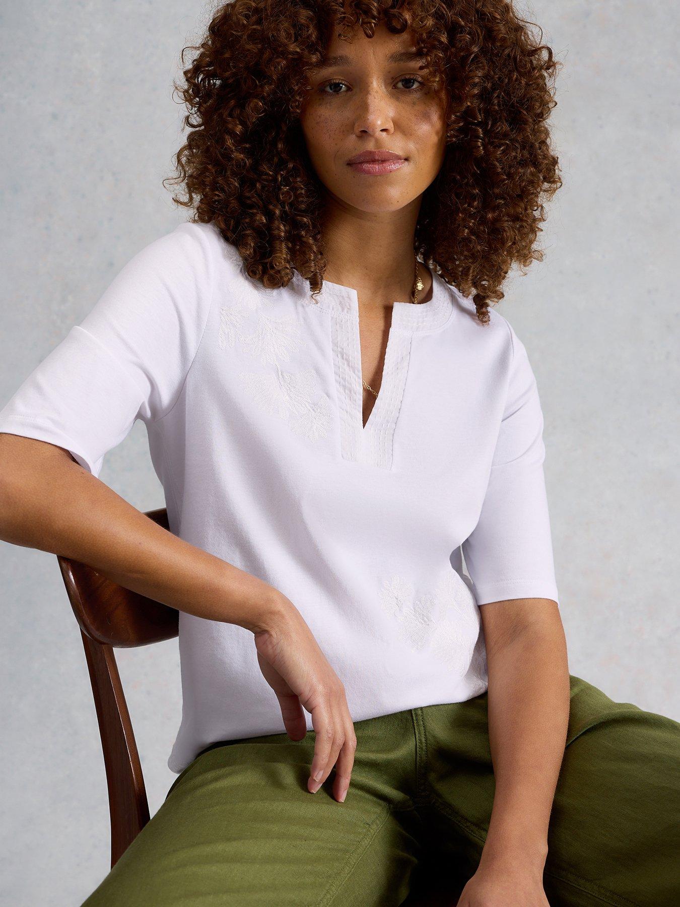 Image 1 of 6 of White Stuff Weaver Notch Embrdoiered Tee - White
