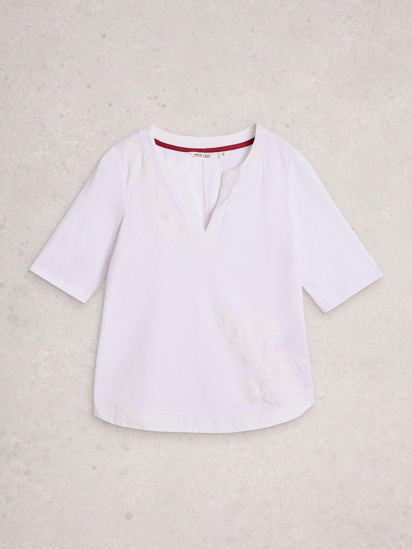 Image 5 of 6 of White Stuff Weaver Notch Embrdoiered Tee - White