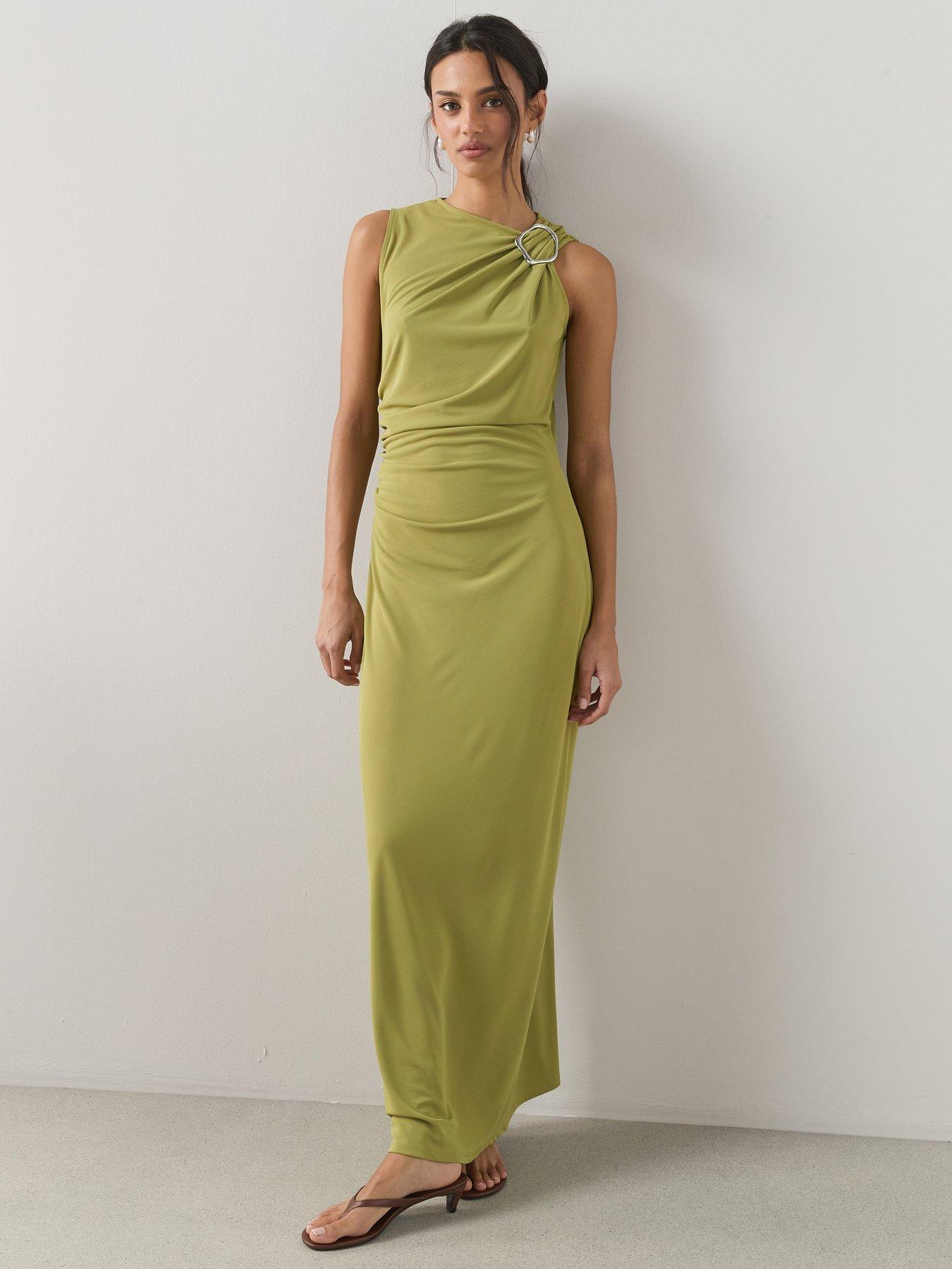 The Very Collection Trim Detail Ruched Asymmetric Hem Maxi Dress - Green