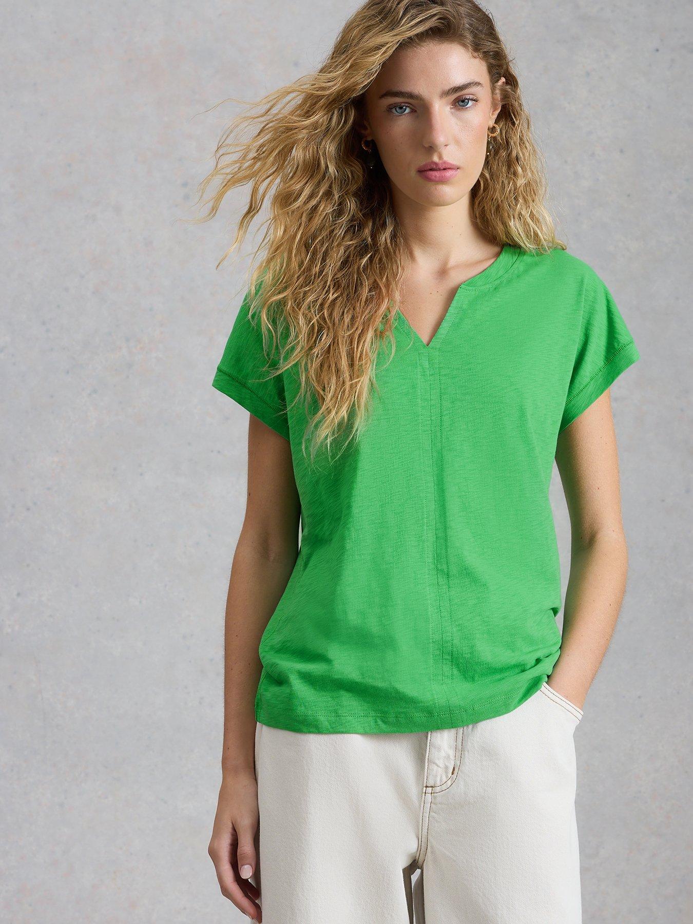 White Stuff Nelly Notch Neck T-Shirt, Green, Size 8, Women