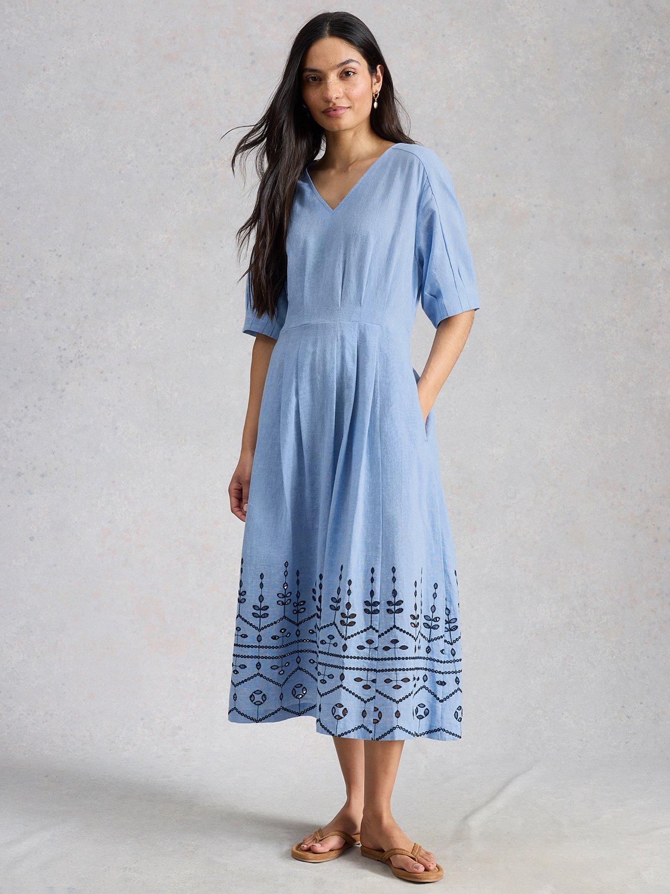 Image 1 of 6 of White Stuff Kate Broderie Midi Dress - Blue