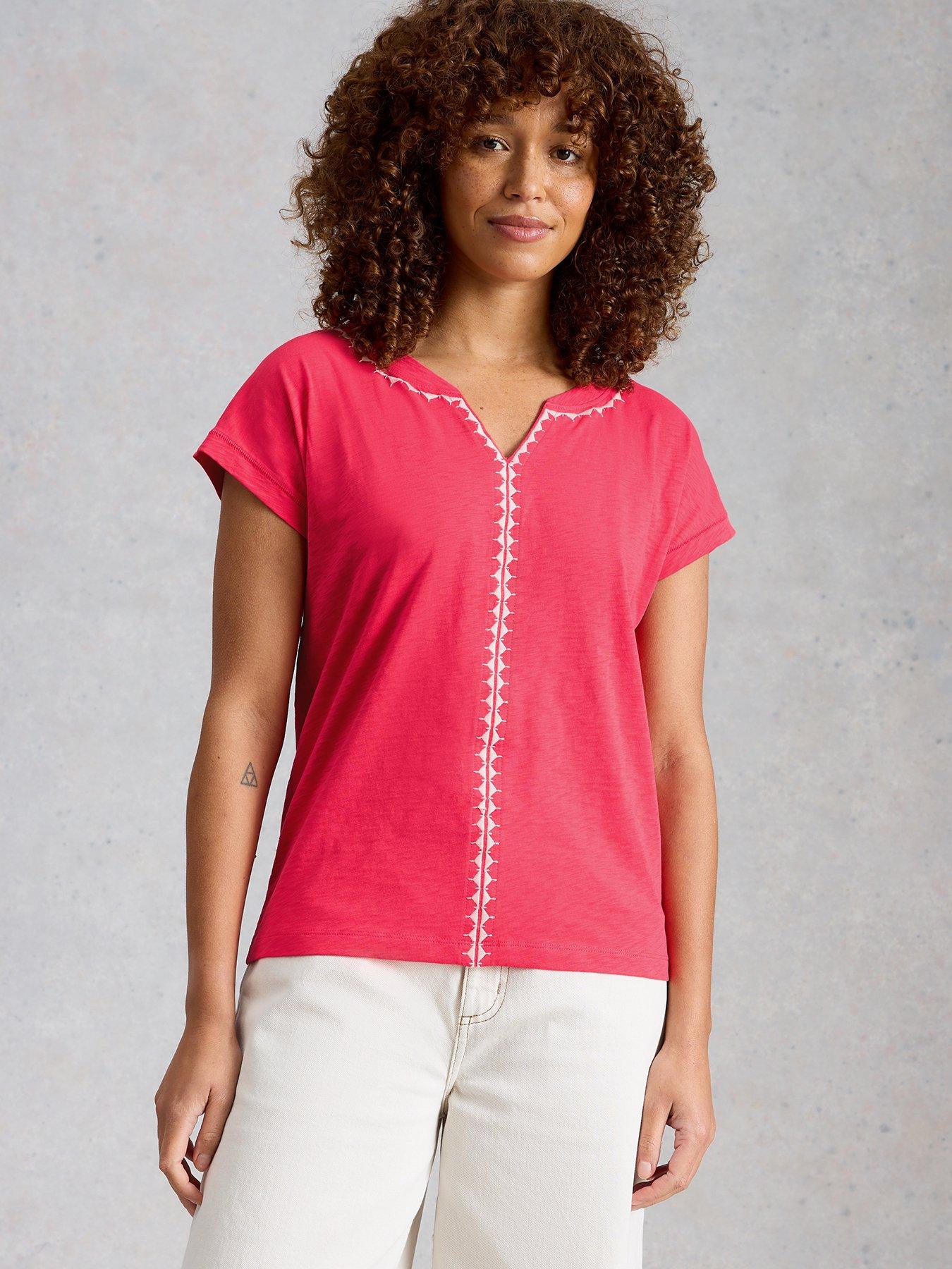 White Stuff Nelly Plain Embroidered Tee, Pink, Size 8, Women
