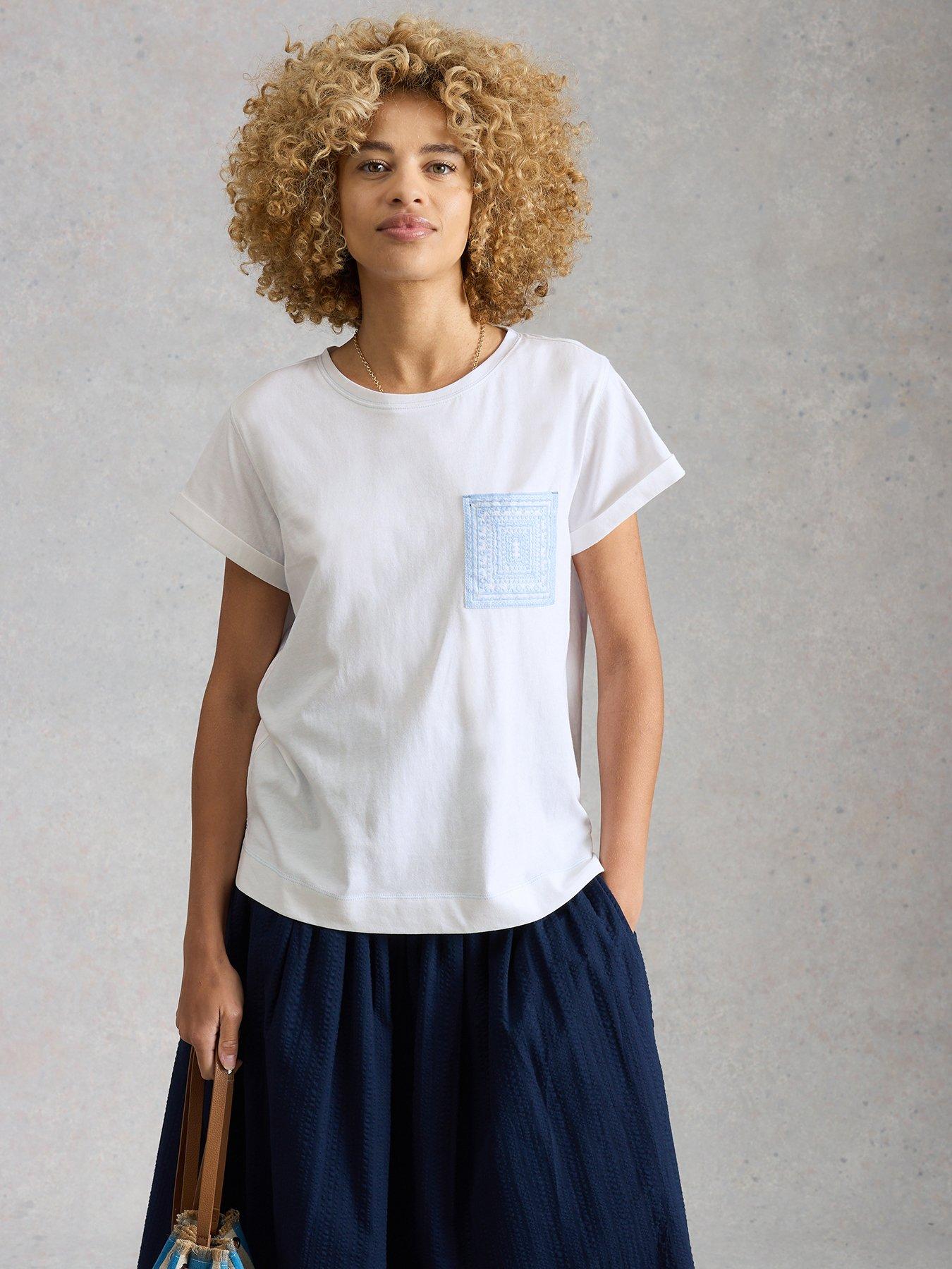 Image 1 of 6 of White Stuff Gina Embroidered Pocket Tee - White