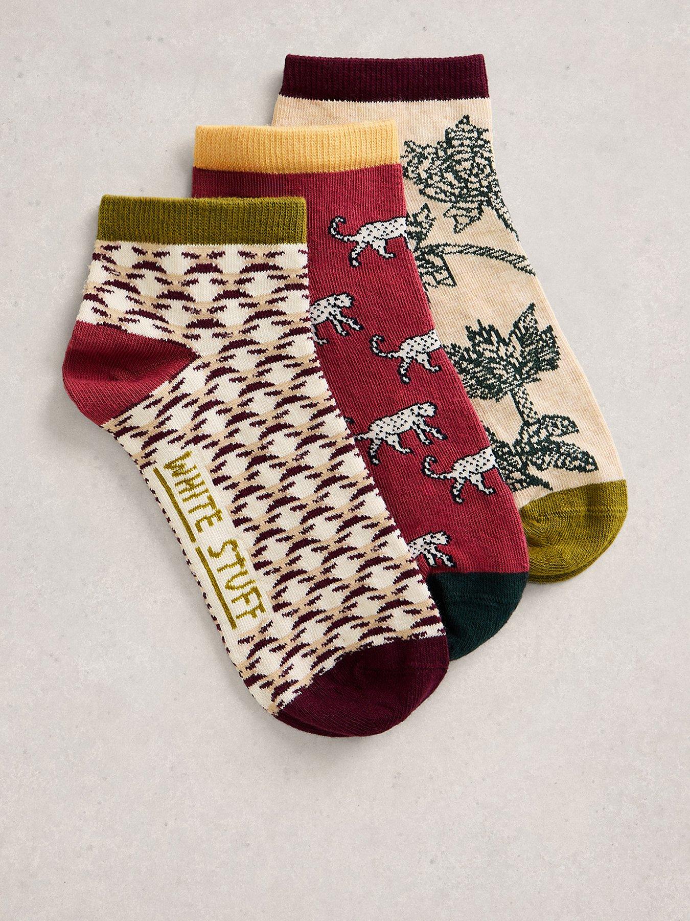 White Stuff 3Pk Safari Print Trainer Socks - Red