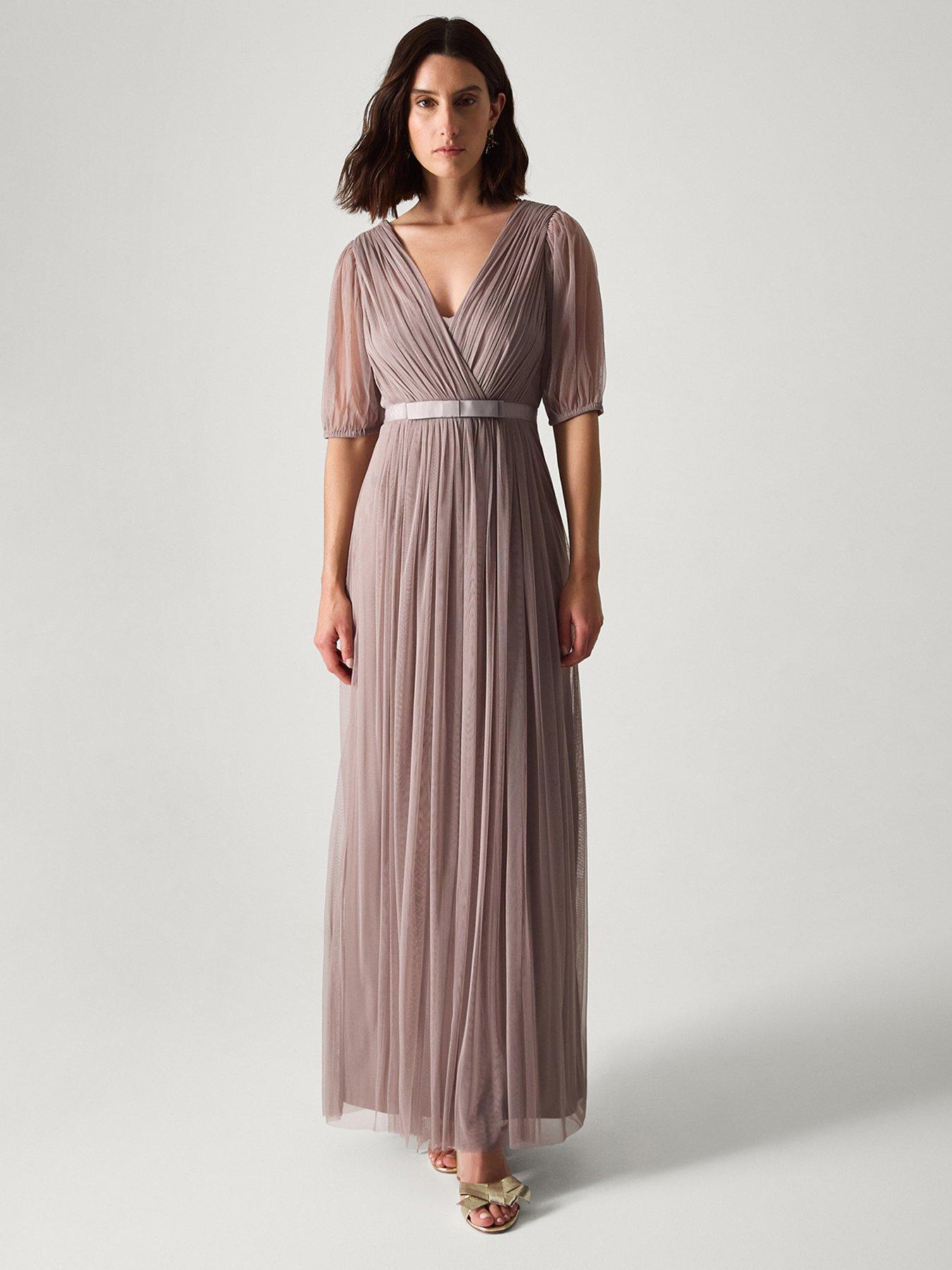 Monsoon Ellie Plunge Tulle Maxi Dress-  Brown