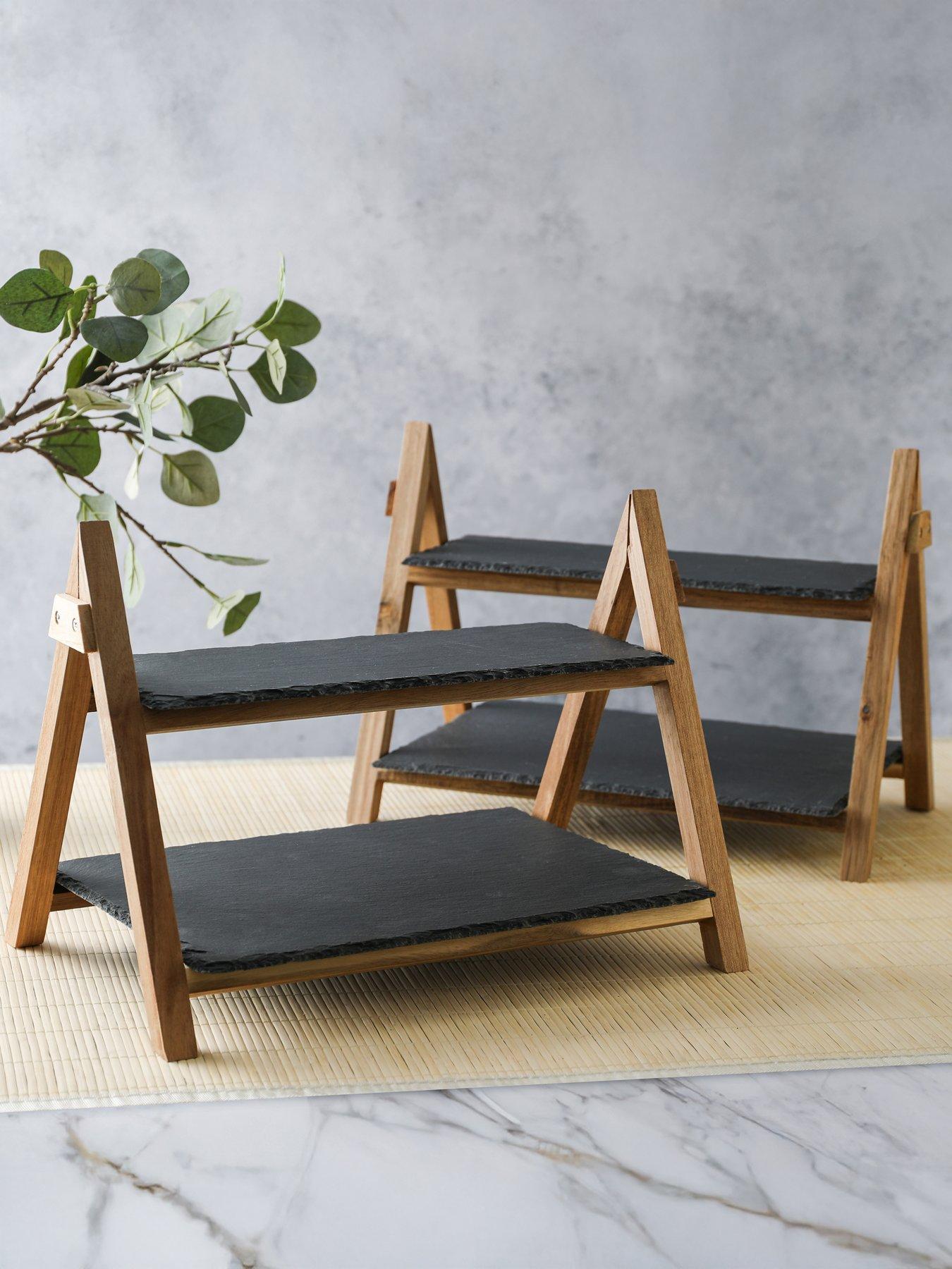 Image 1 of 6 of Artesa Two Tier Slate and Wood Serving Stands - Set of 2