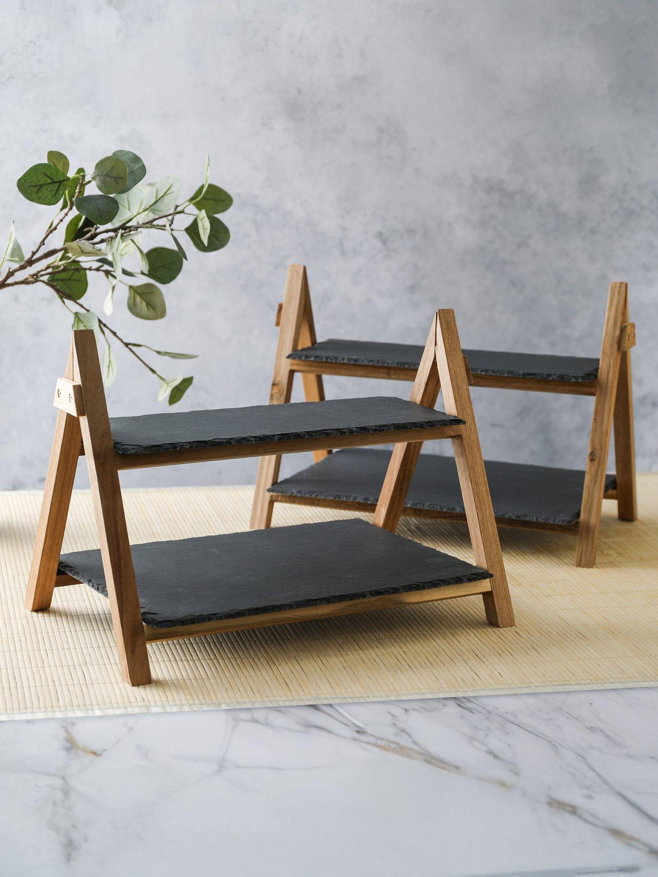 Image 3 of 6 of Artesa Two Tier Slate and Wood Serving Stands - Set of 2
