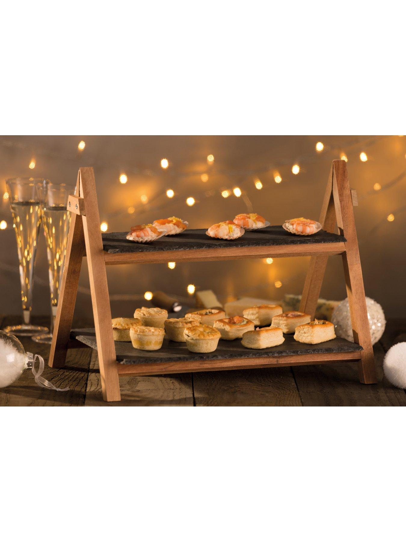 Image 6 of 6 of Artesa Two Tier Slate and Wood Serving Stands - Set of 2