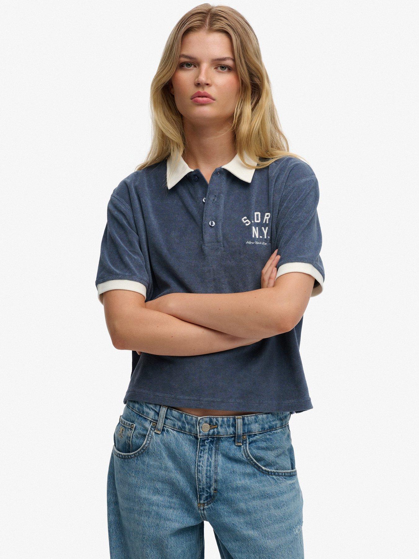 Superdry Heritage Terry Polo, Blue, Size 8, Women