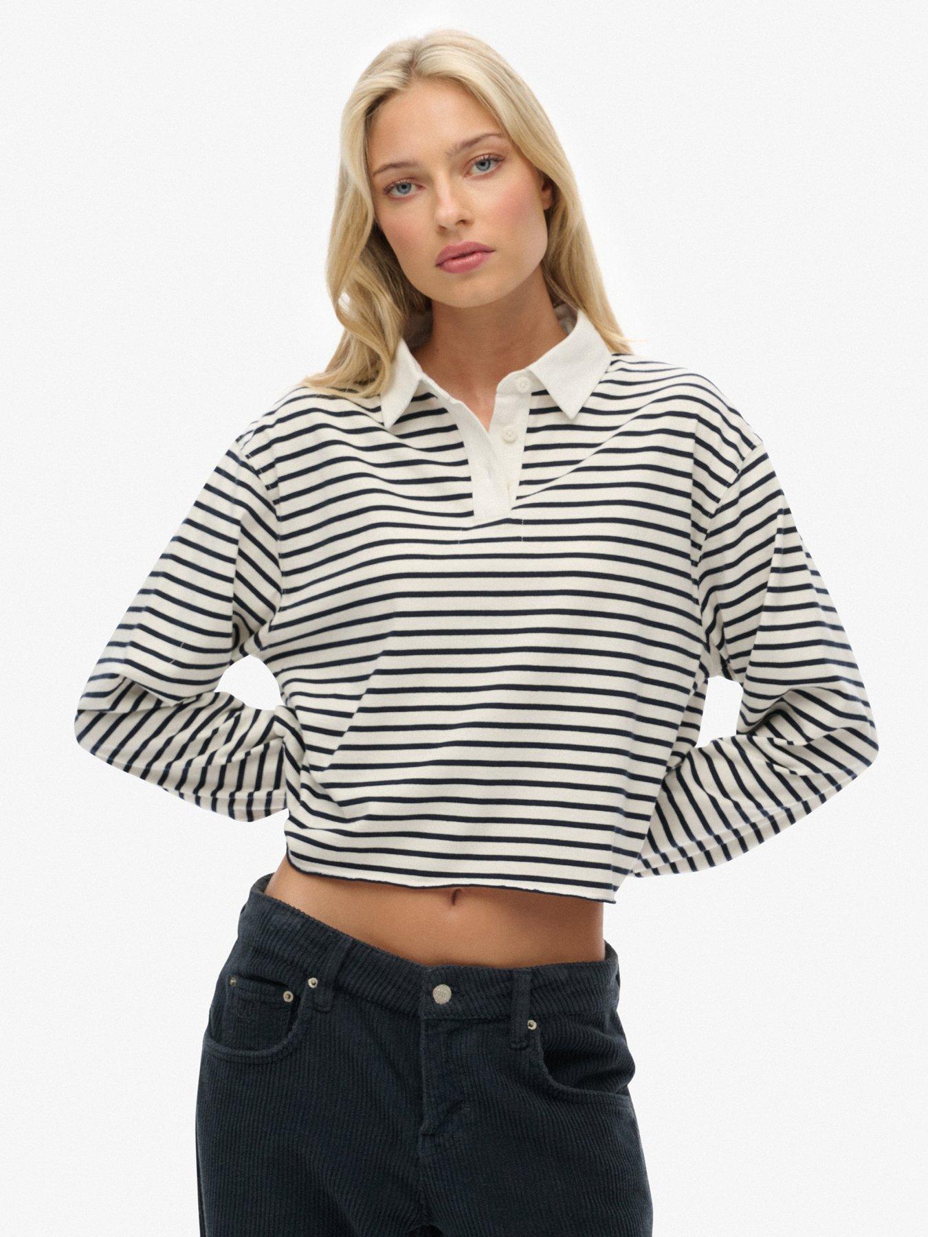 Superdry Athletic Essentials Cropped Stripe Rugby Top - Cream