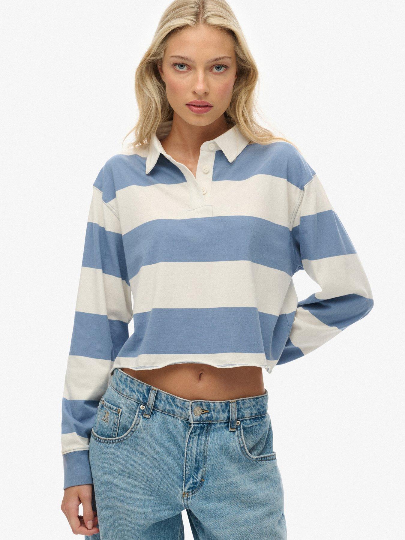 Superdry Athletic Essentials Cropped Stripe Rugby Shirt- Blue