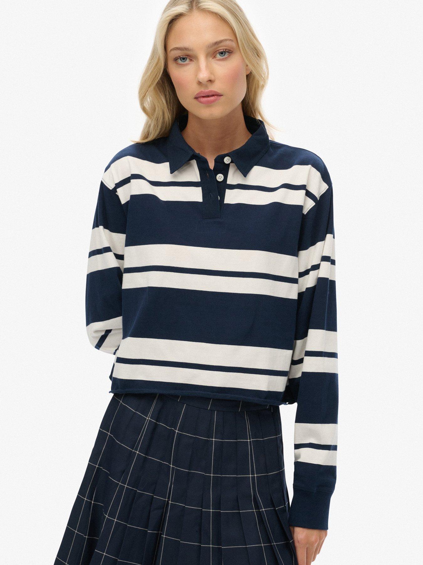 Superdry Ath Ess Cropped Stripe Rugby Top - Blue