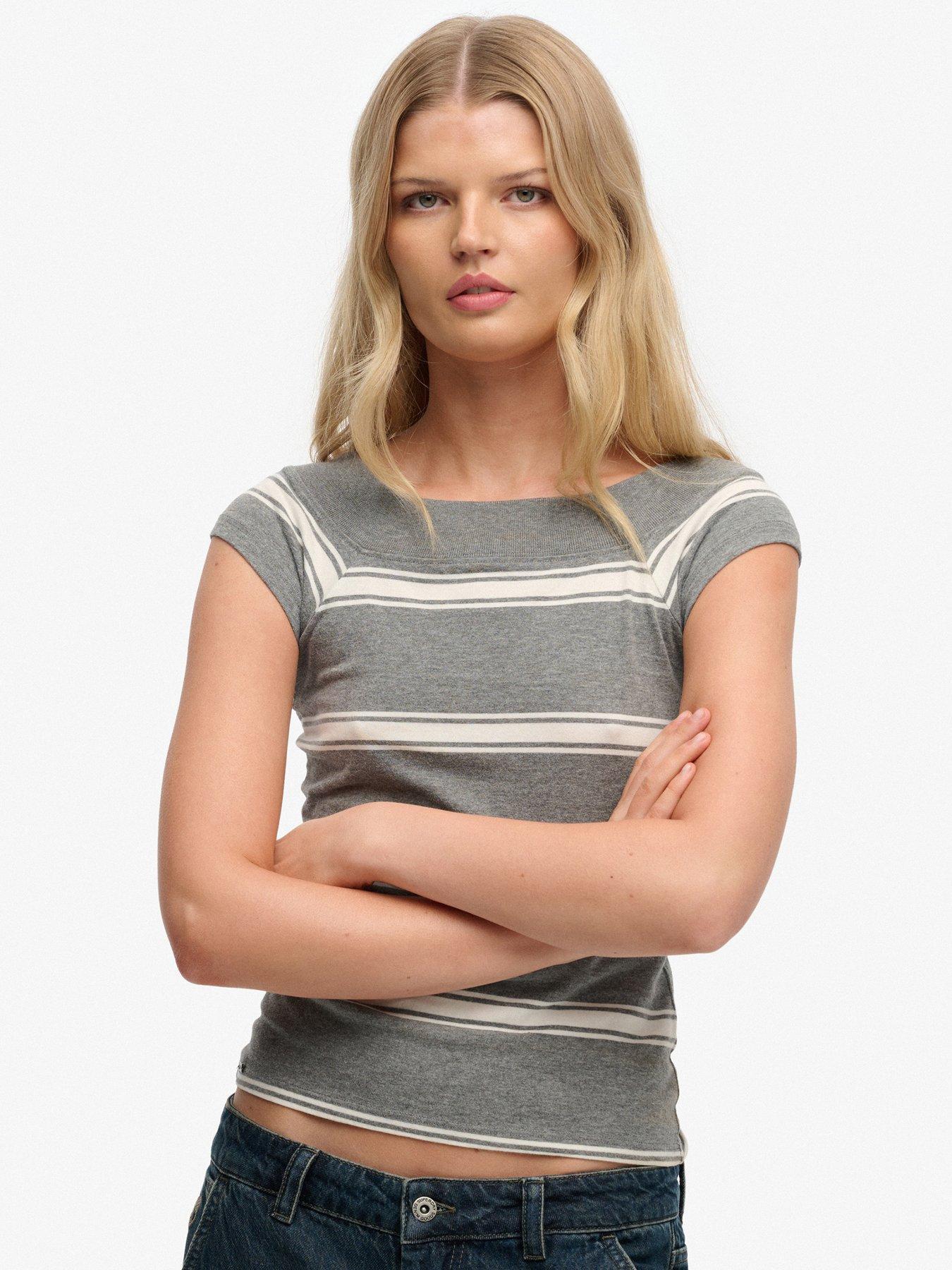 Superdry Athletic Off Shoulder Striped Top - Grey
