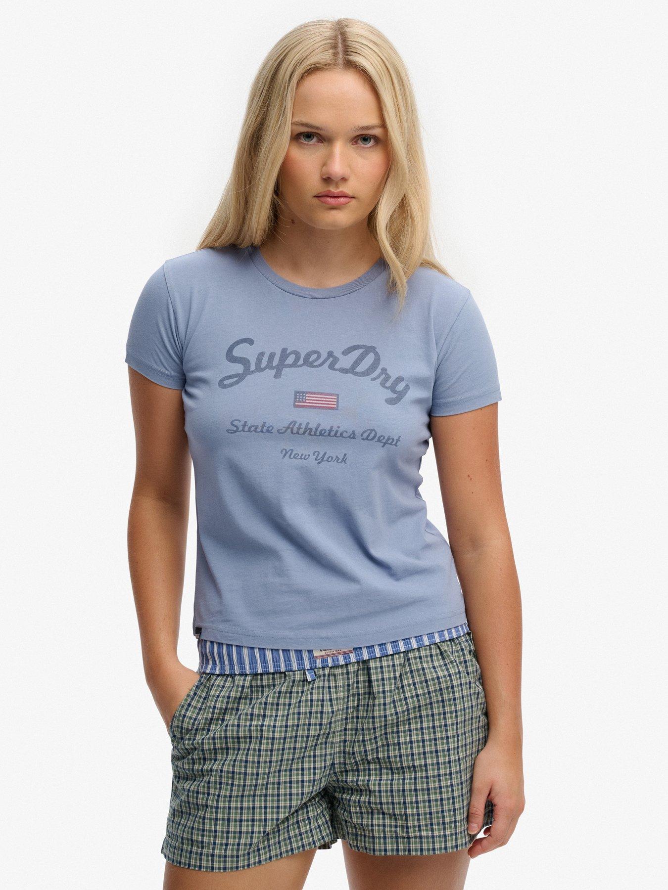 Superdry Athletic Essentials Fitted Graphic T-Shirt, Blue, Size 12, Women