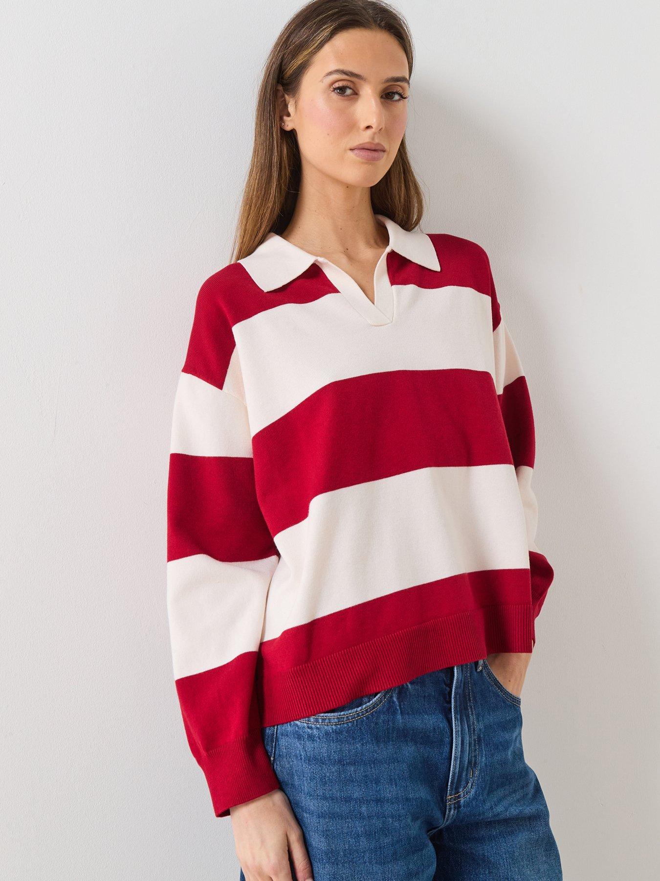 Image 1 of 6 of Mango Striped Polo-Neck Sweater - Red