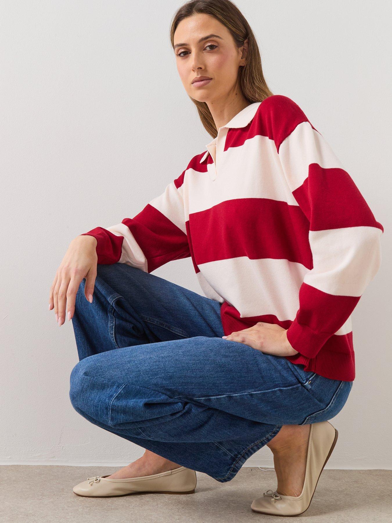 Image 3 of 6 of Mango Striped Polo-Neck Sweater - Red