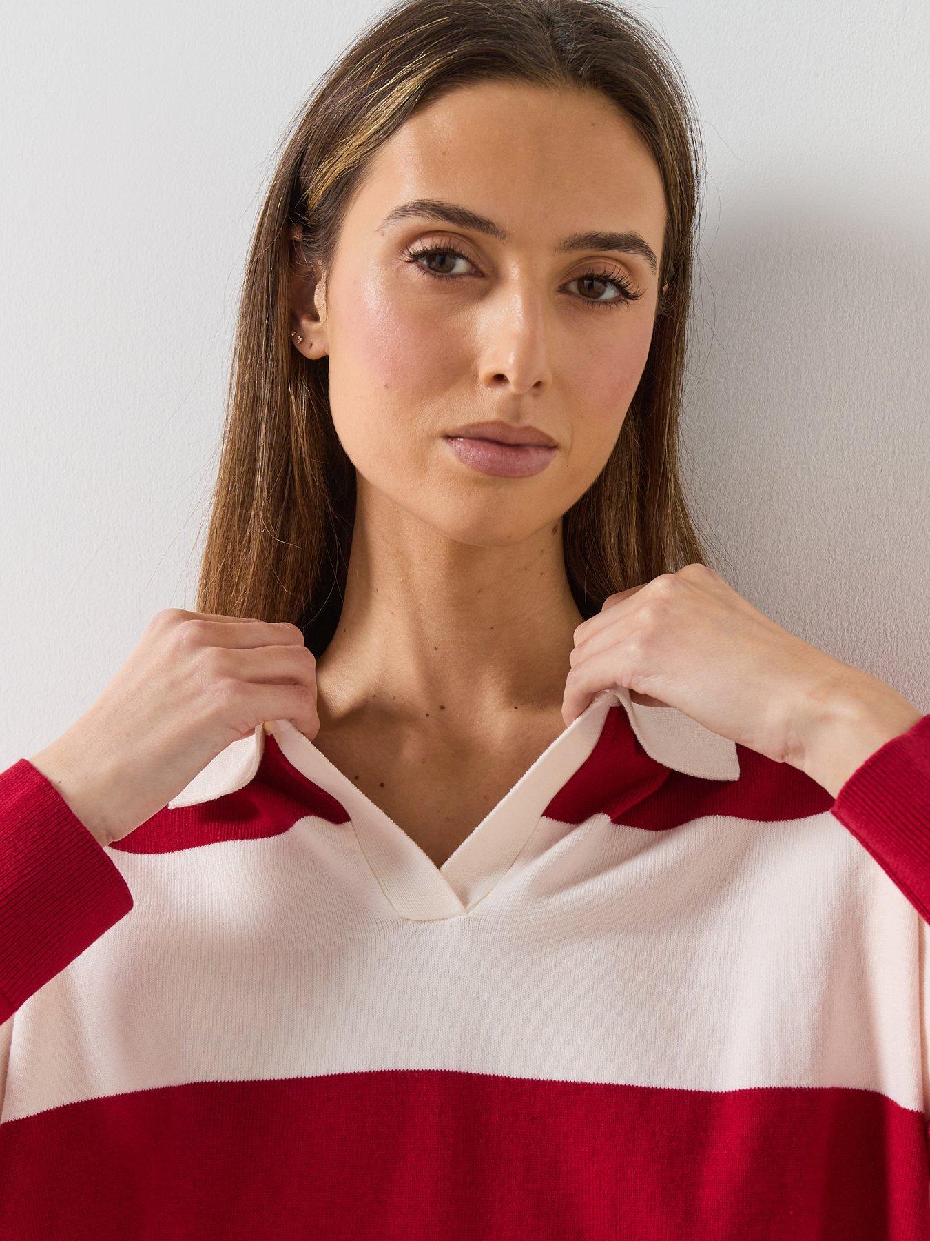 Image 6 of 6 of Mango Striped Polo-Neck Sweater - Red