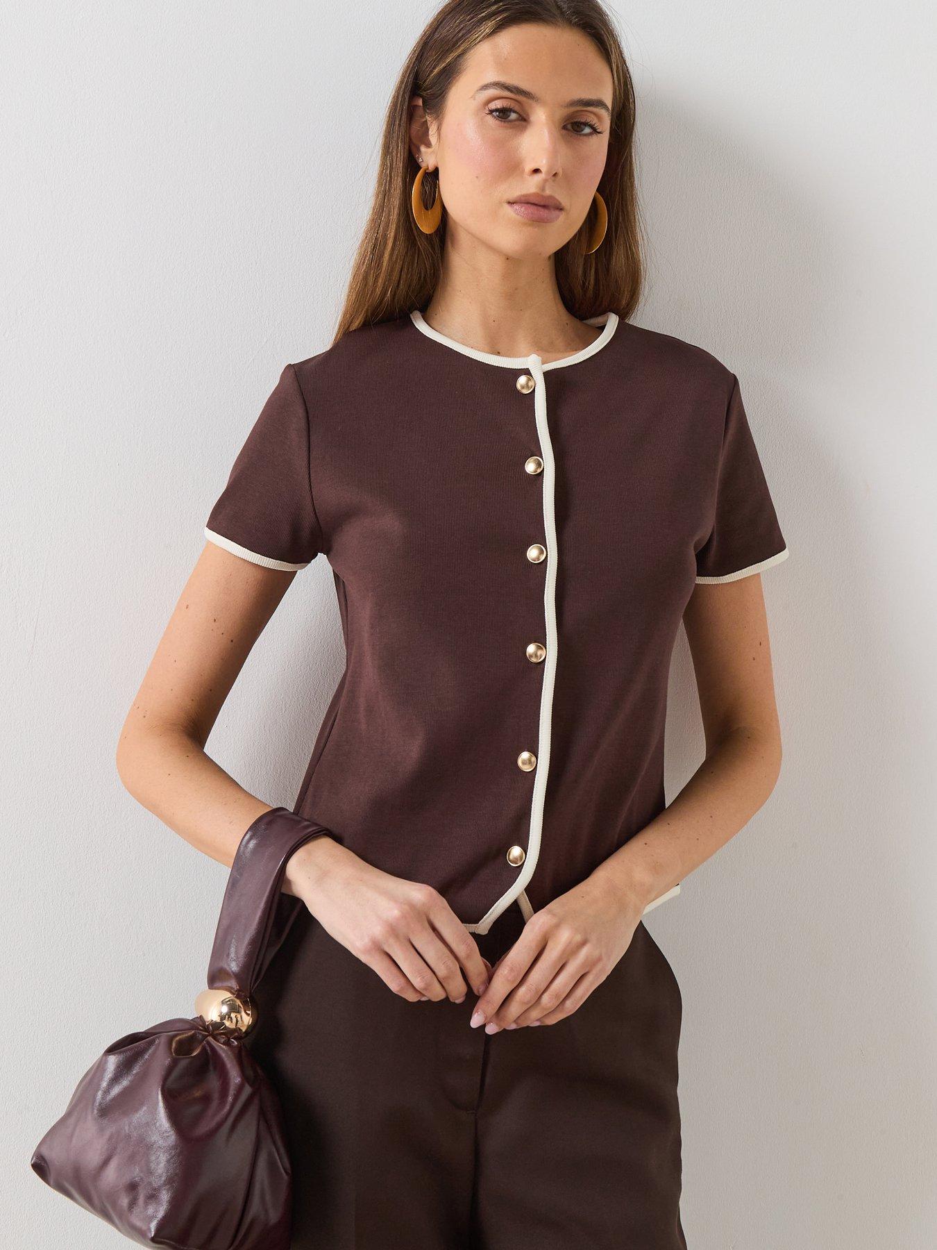 Mango Buttoned Cotton T-shirt - Brown