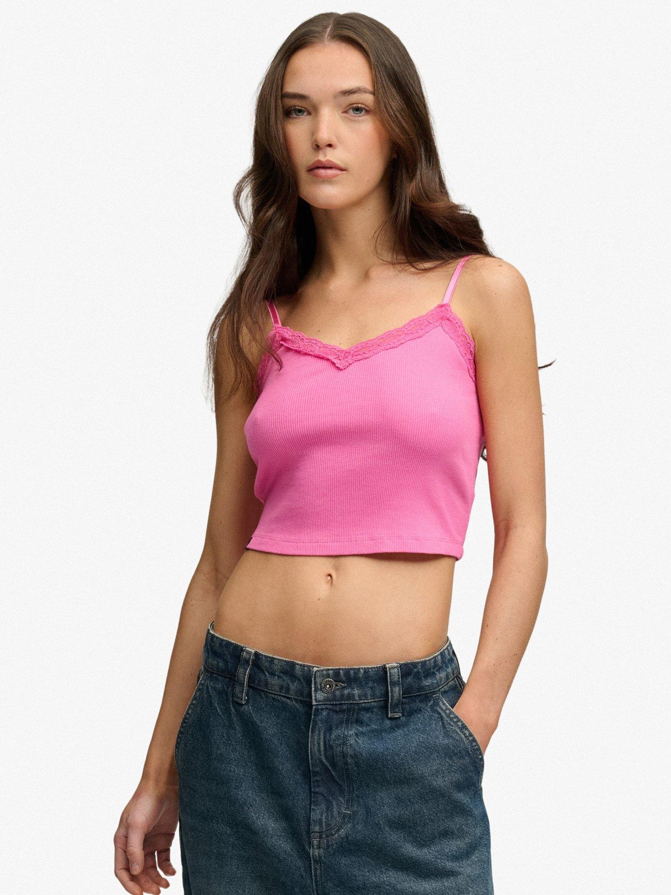 Image 1 of 6 of Superdry Essential Lace Trim Crop Cami Top - Fuchsia Pink