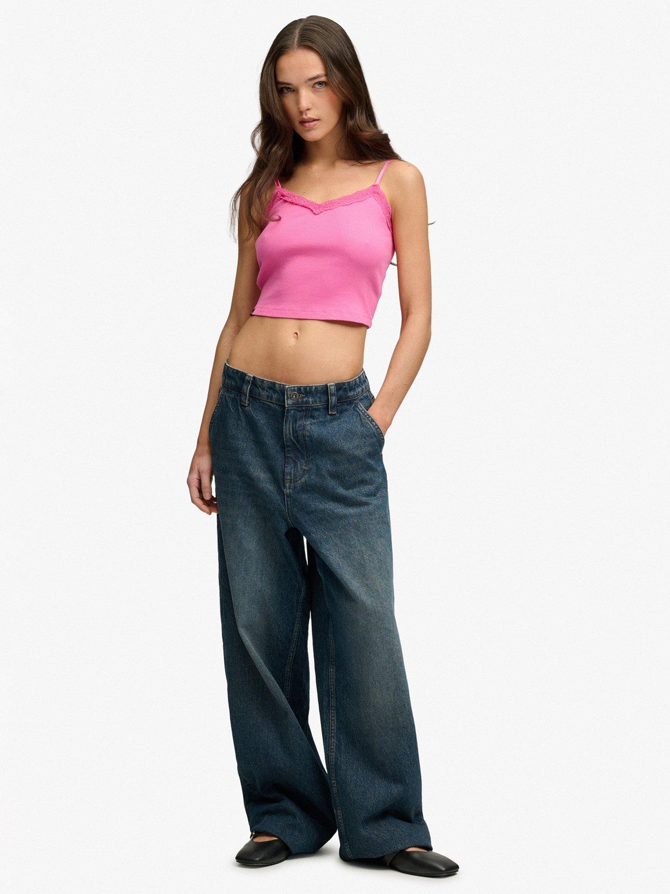 Image 3 of 6 of Superdry Essential Lace Trim Crop Cami Top - Fuchsia Pink