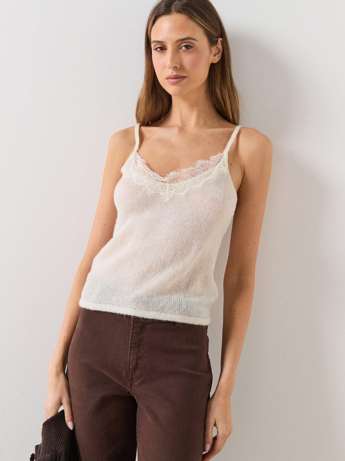 Mango Top With Lace Neck - Beige