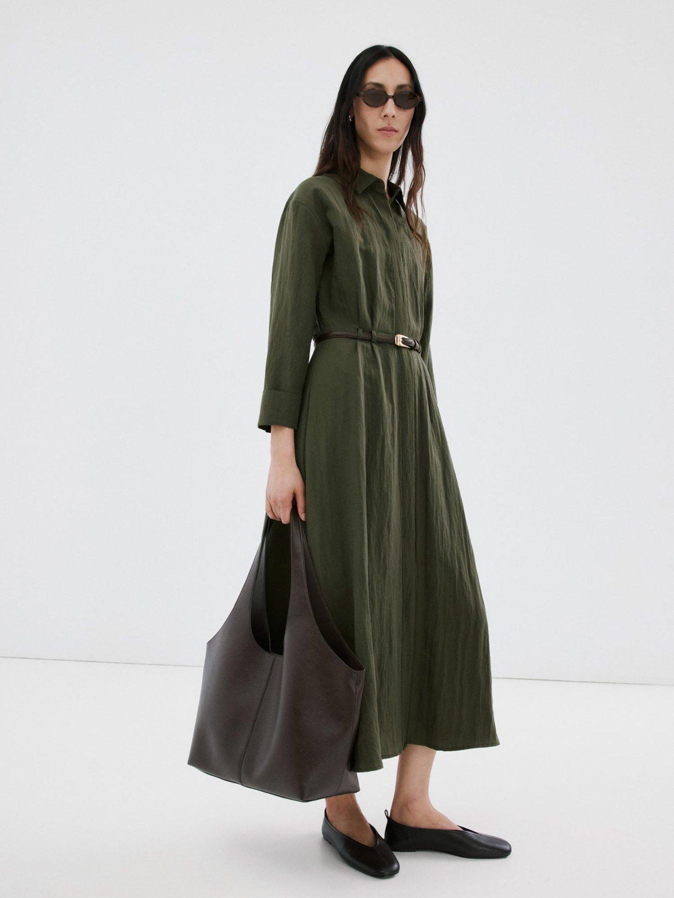 Mango Lyocell Belted Shirt Dress - Khaki