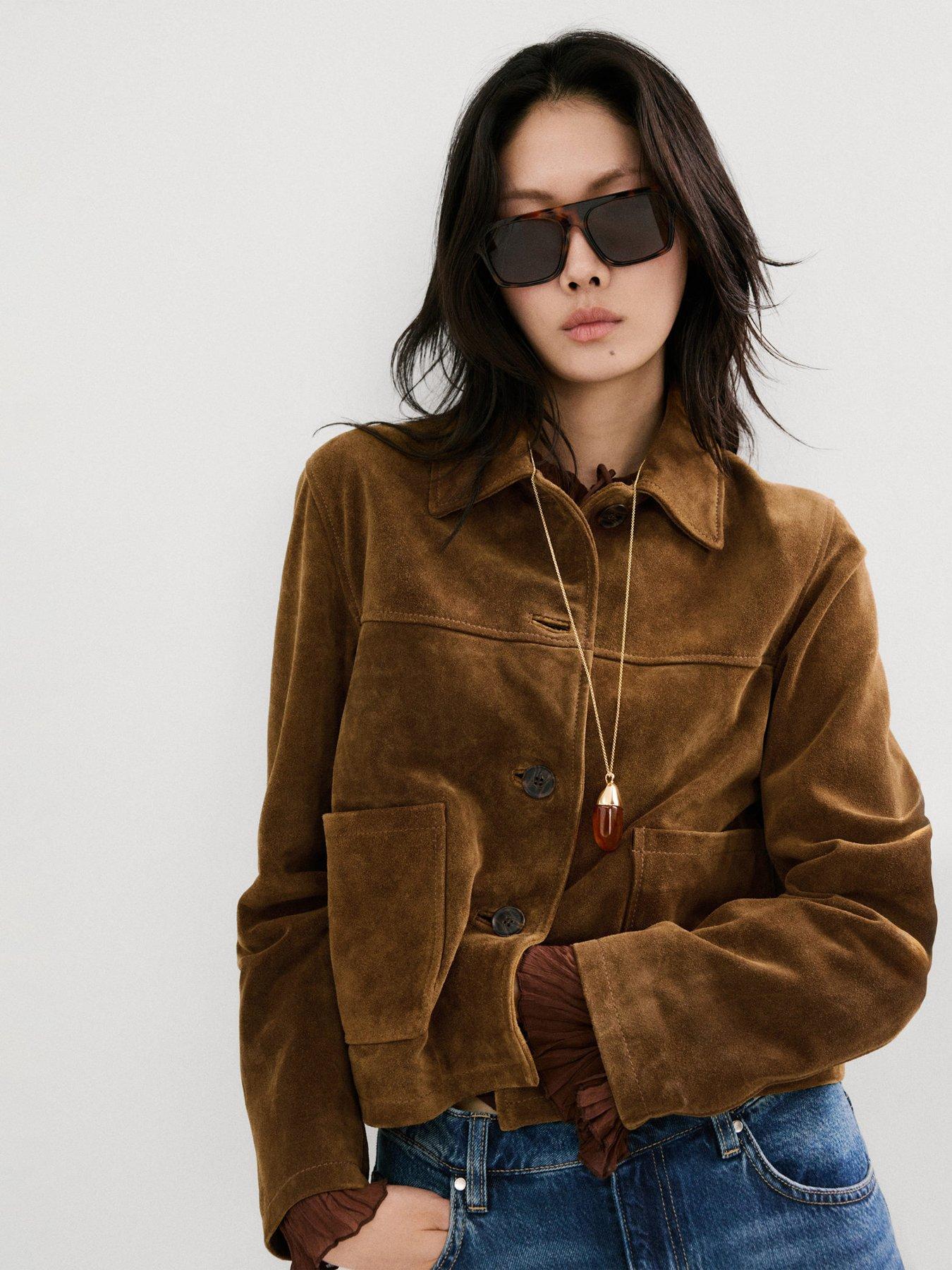 Mango Suede Leather Jacket With Buttons - Brown