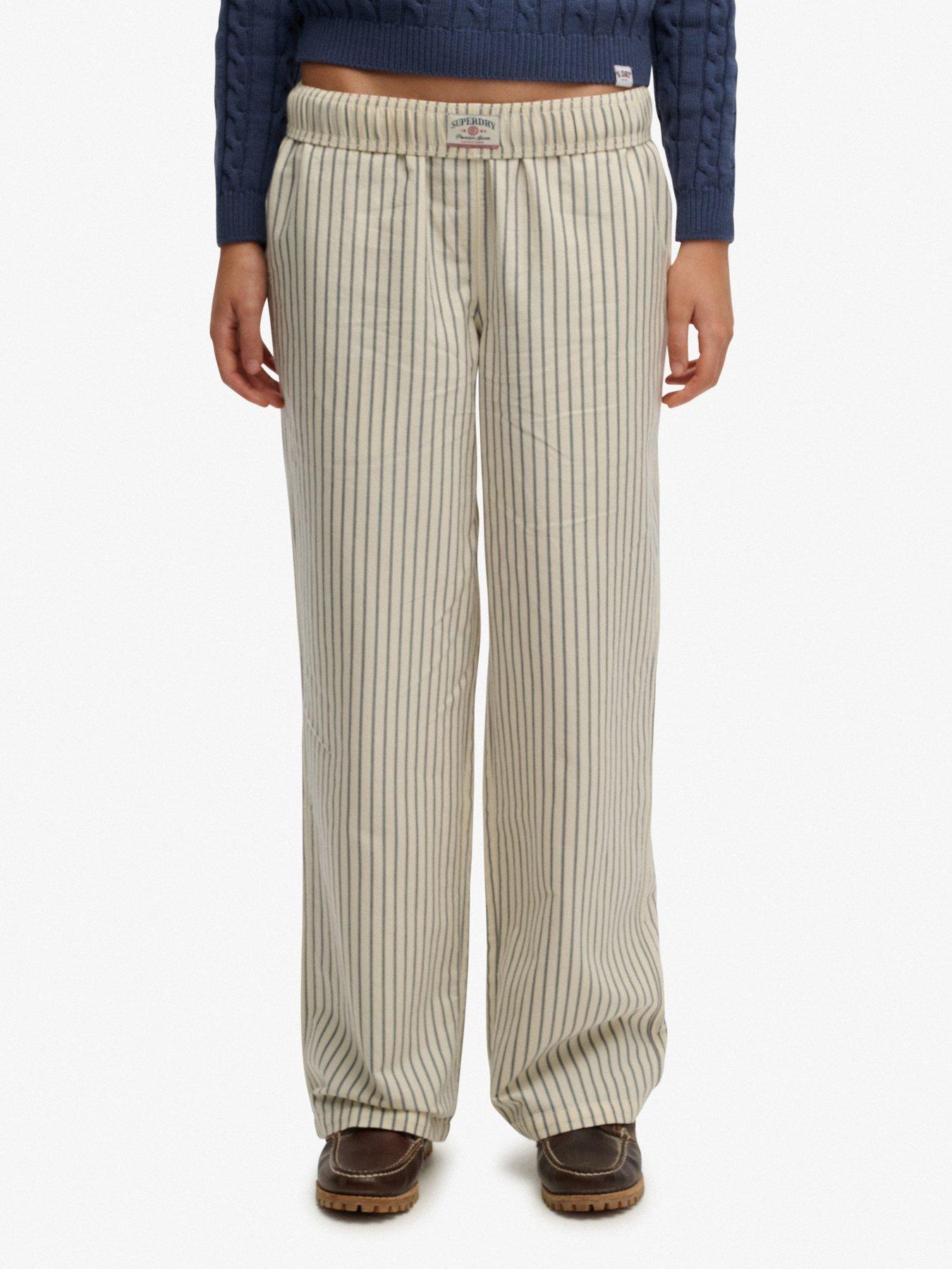 Superdry Cotton Stripe Elastic Trousers, Blue Stripe, Size 8, Women