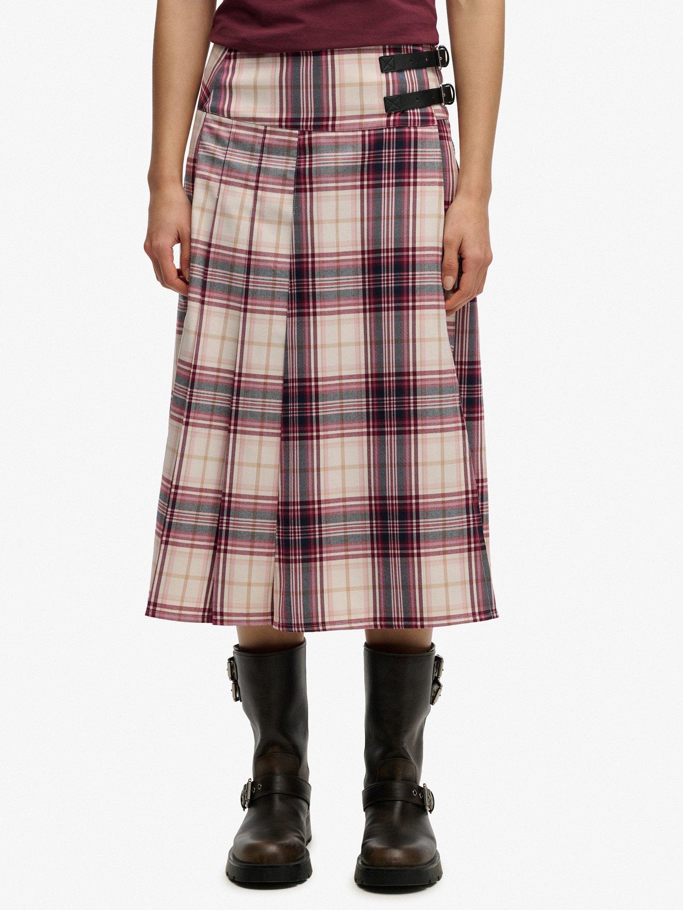 Superdry Check Pleated Midi Skirt - Cream
