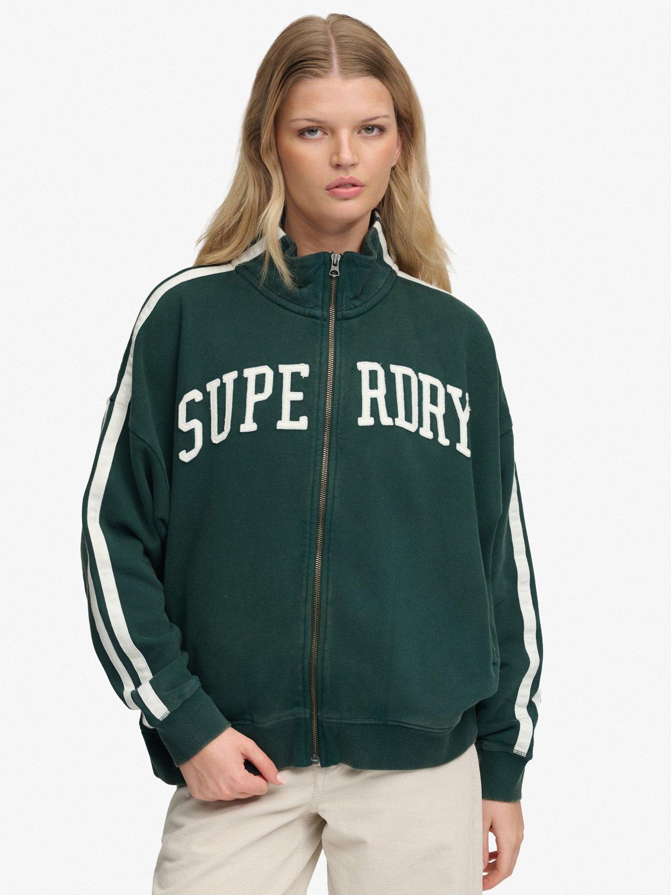 Superdry Ath Ess Applique Loose Zip Track Top, Green, Size 12, Women