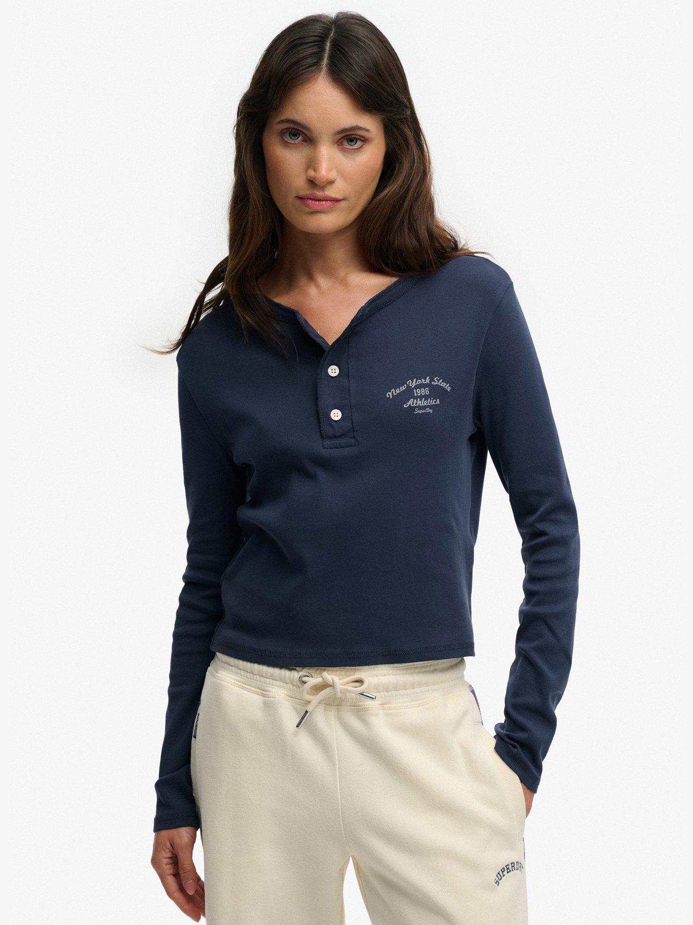 Superdry Athletic Essentials Button Down Long Sleeve Top, Blue, Size 10, Women